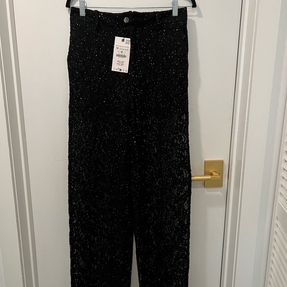ZARA Black lacework with sequins pants with straight legs. Medium size. NWT